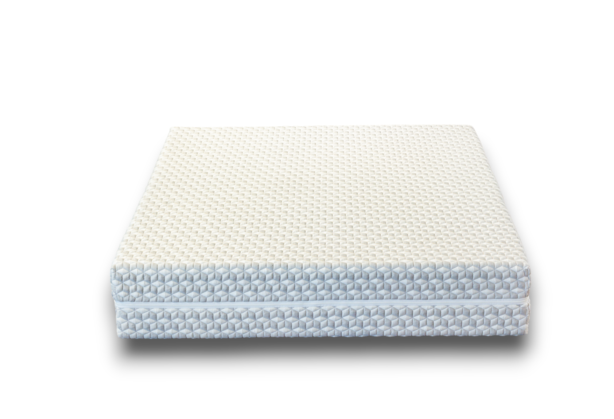 Knitted blanket with white and light blue pattern on a white background