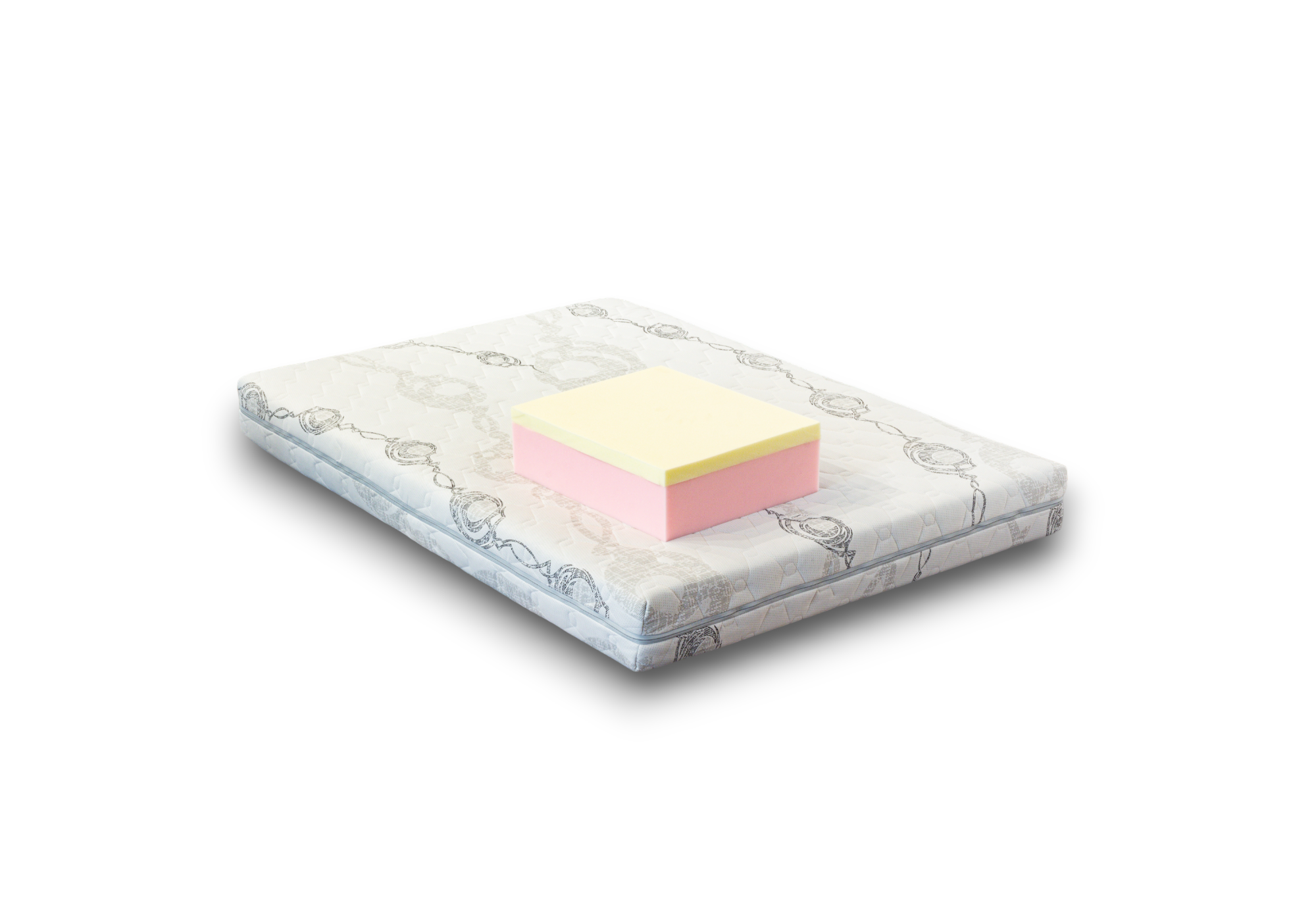 Small mattress with a colorful foam piece on a white background