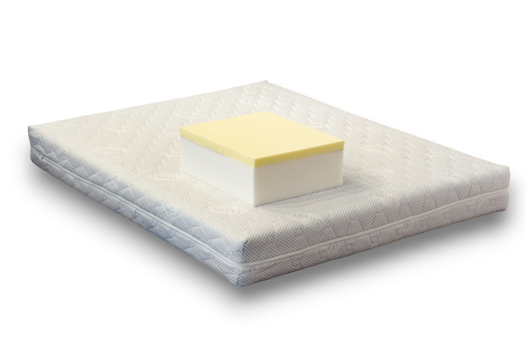 Mattress topper with a block of foam on top, on a white background