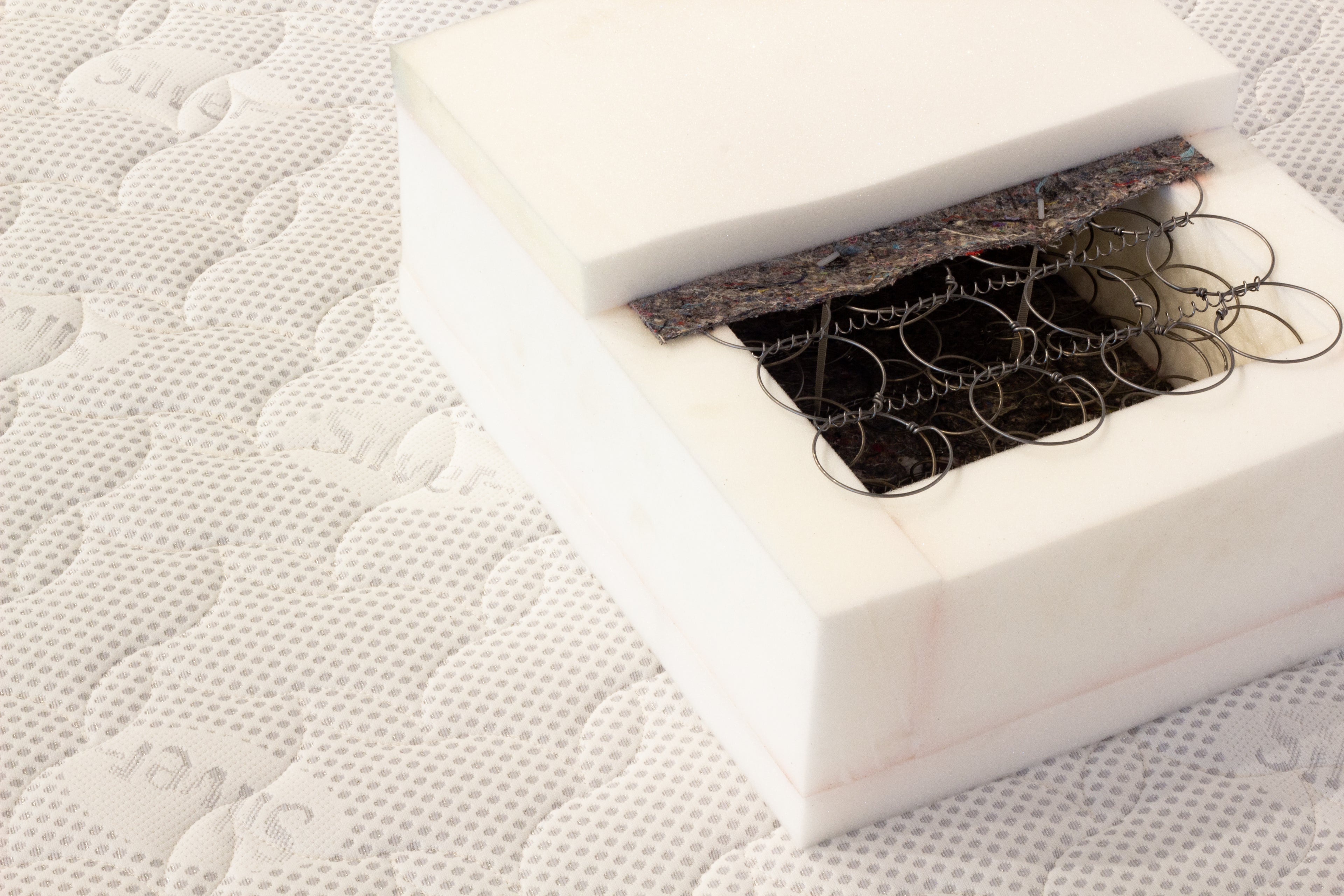 A foam box with springs on a mattress